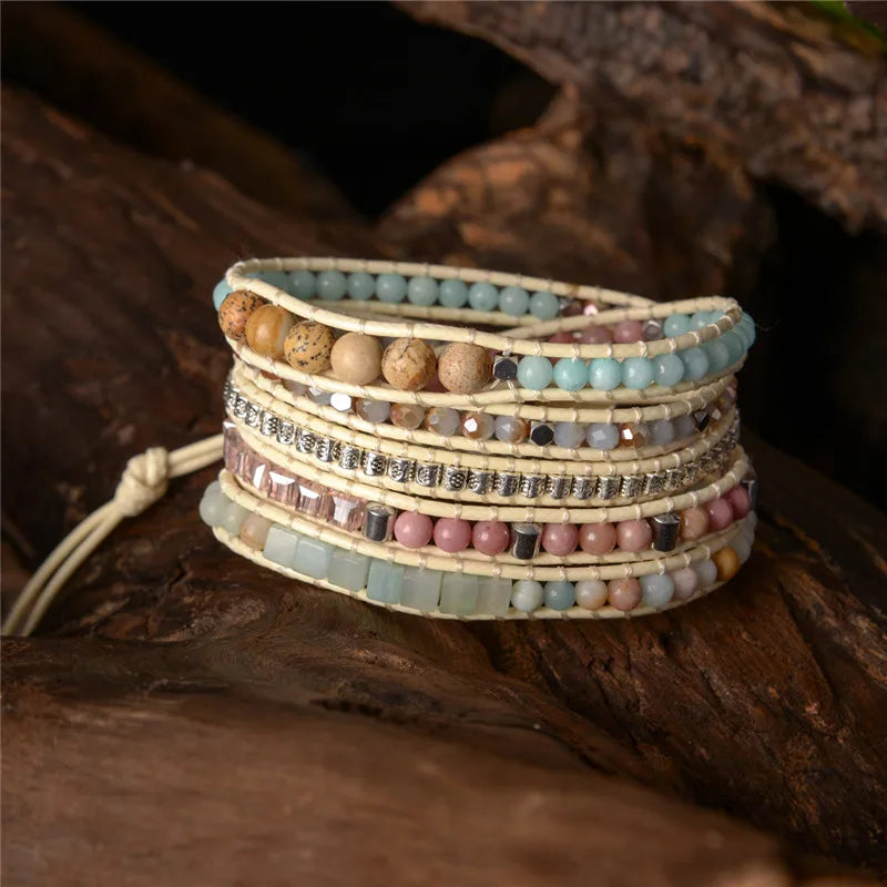Natural Stones Charm 5 Strands Wrap Bracelet Boho Women Leather Drop