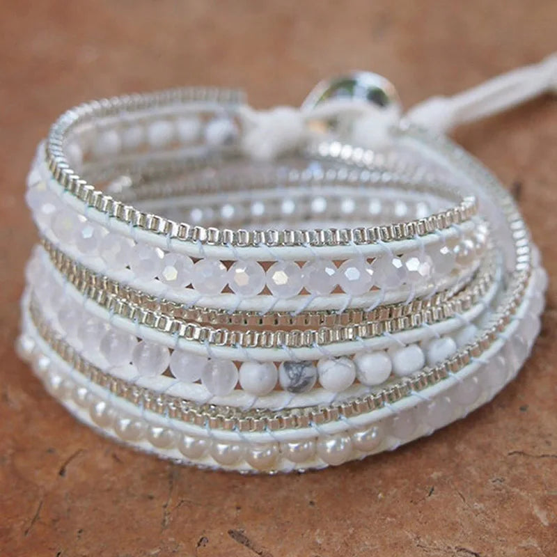 3-Layer Stainless Steel Chain Wrap Bracelet with Howlite Jades Beads