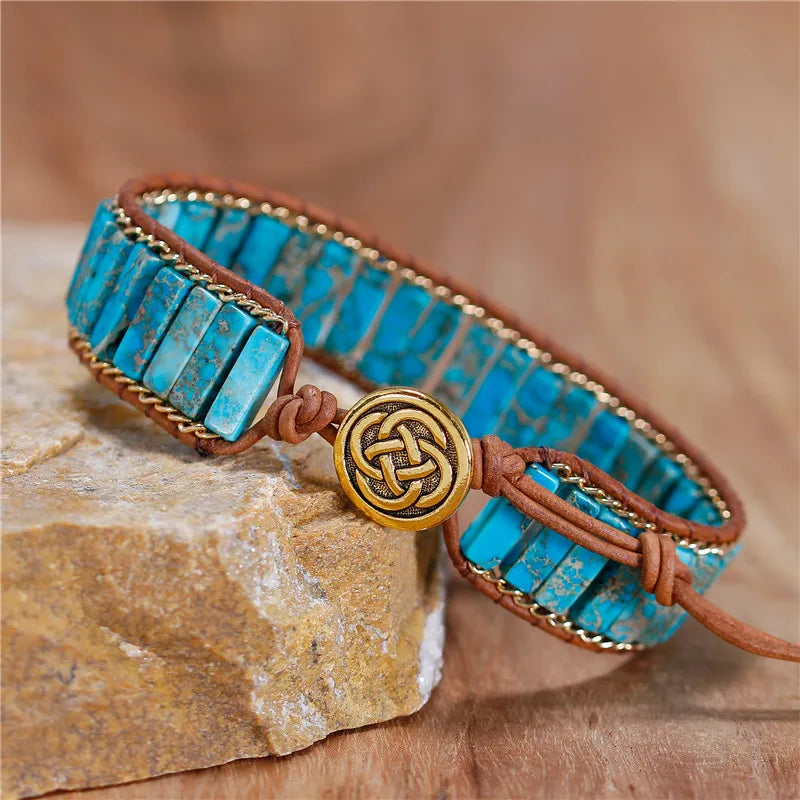 Natural Stones Leather Wrap Bracelets Jaspers Chain Cuff Bangles Bohemian