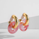 Pink Crystal Stone Pendant Hoop Earrings Set