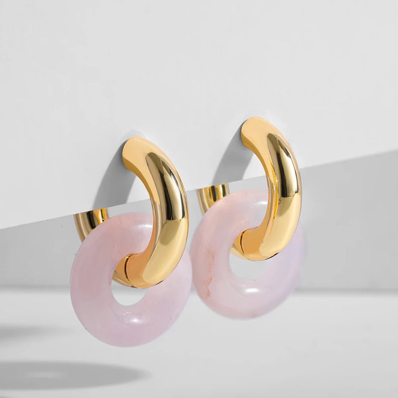 Pink Crystal Stone Pendant Hoop Earrings Set