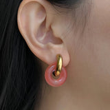 Pink Crystal Stone Pendant Hoop Earrings Set