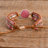 Rhodochrosite Quartz Beaded Leather Wrap Bracelet Boho Jewelry