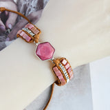 Rhodochrosite Quartz Beaded Leather Wrap Bracelet Boho Jewelry