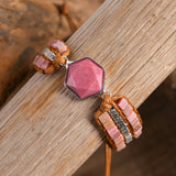 Rhodochrosite Quartz Beaded Leather Wrap Bracelet Boho Jewelry