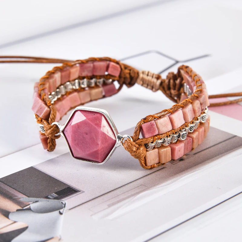 Rhodochrosite Quartz Beaded Leather Wrap Bracelet Boho Jewelry