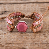Rhodochrosite Quartz Beaded Leather Wrap Bracelet Boho Jewelry