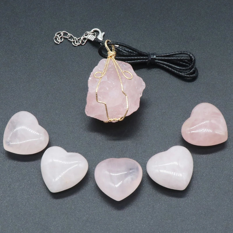Rose Quartz Love Heart Stone Silk Necklace Healing Charm 6PCS