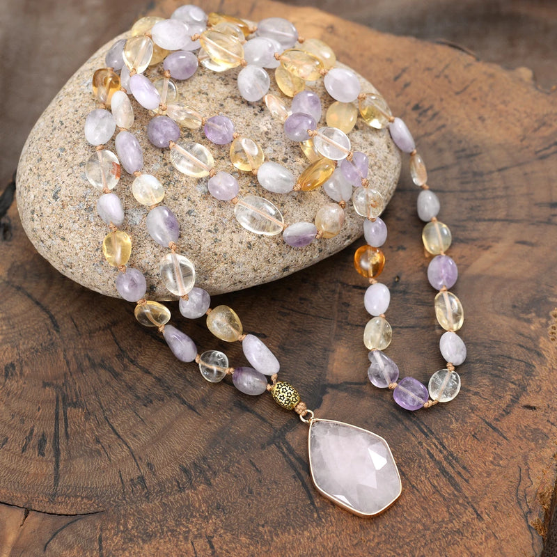 Natural Stones Shield Antique Golden Long Pendant Necklace