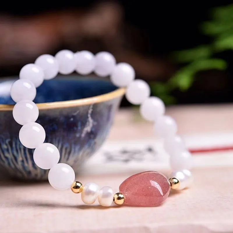 Strawberry Crystal Chalcedony Pearl Bracelet 8MM Beads