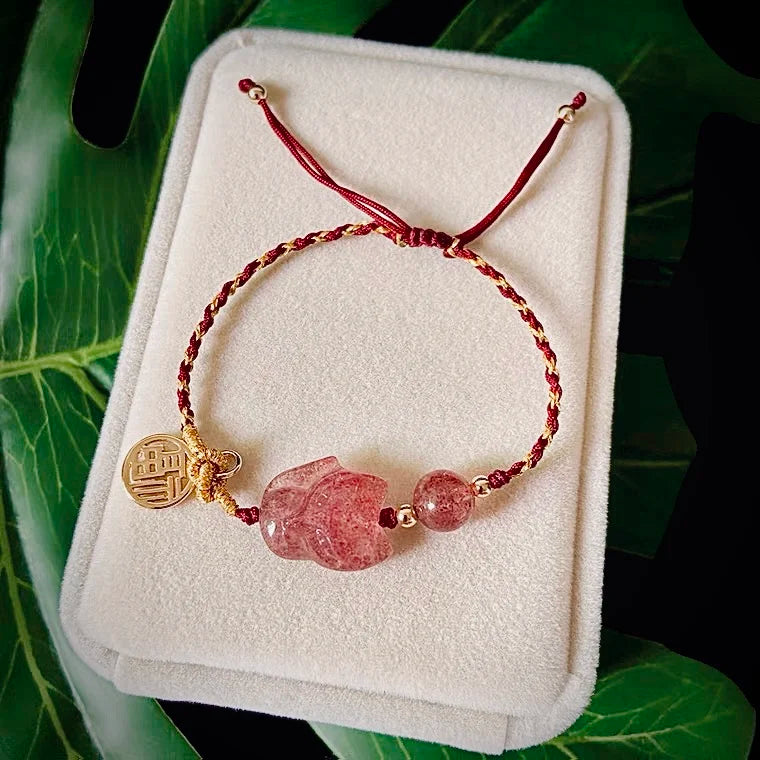Strawberry Crystal Fox Quartz Braid Red Rope Bracelet