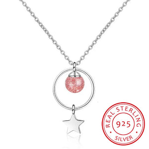 Strawberry Crystal Tassel Pendant Necklace 925 Sterling Silver Fine Jewelry