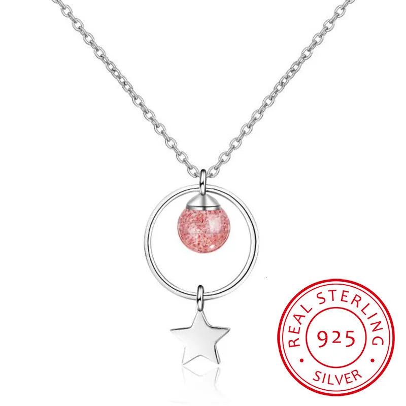 Strawberry Crystal Tassel Pendant Necklace 925 Sterling Silver Fine Jewelry