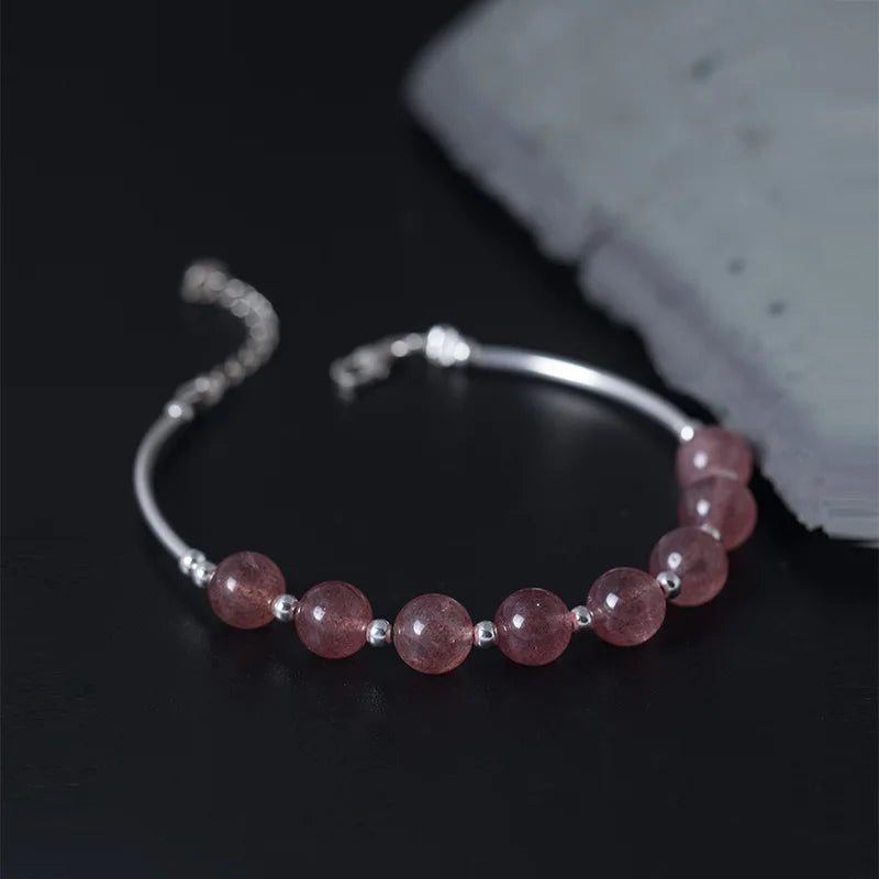 Strawberry Quartz Bead Bracelet S925 Sterling Silver