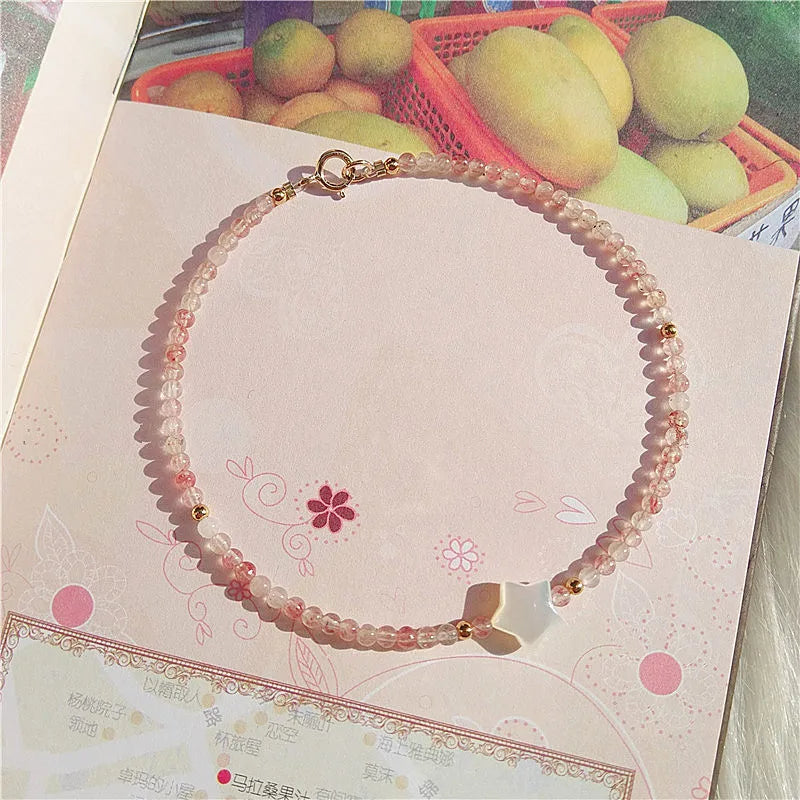 Strawberry Quartz Beads Bracelet Shell Stars Charm Jewelry