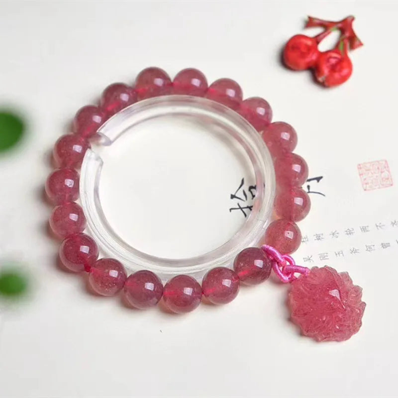 Strawberry Quartz Bracelet 8mm 10mm Bead Nine Tails Fox Charm Bangle