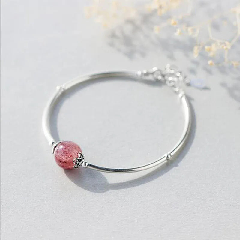Strawberry Quartz Silver Bracelet Good Luck Charm Jewelry