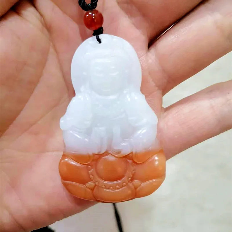 Hand Carved Guanyin Jade Pendant Bodhisattva Necklace