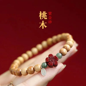 Natural Taishan Old Peach Wood Cinnabar Flower Bracelet Hand String