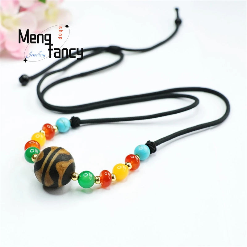 Tibet Tiger Teeth Agate Pendant Necklace National Style Men Women Gift