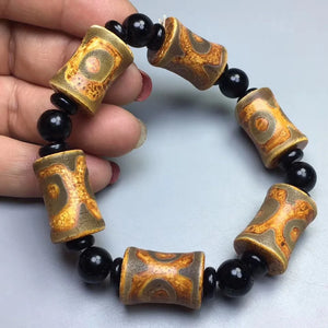 Tibetan Agate Three Eyes Yellow Bamboo DZi Bracelet Ethnic Style
