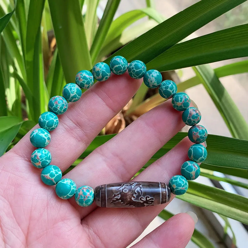 Tibetan Dzi Agates Bracelet Nine Eyes Emperor Stone Turquoises Strand Bracelet