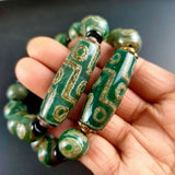 Tibetan Green Agate Three Eye Nine Eye DZi Bracelet
