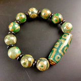 Tibetan Green Agate Three Eye Nine Eye DZi Bracelet