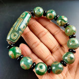 Tibetan Green Agate Three Eye Nine Eye DZi Bracelet