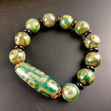 Tibetan Green Agate Three Eye Nine Eye DZi Bracelet