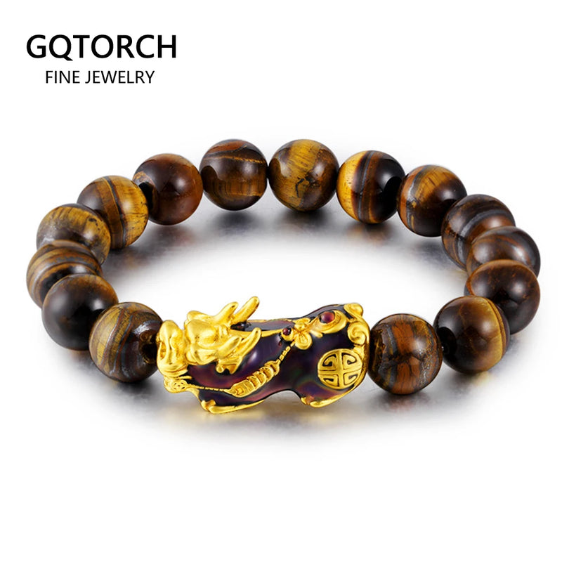 Tiger Eye Beaded Mens Bracelet w/ Pixiu Charm