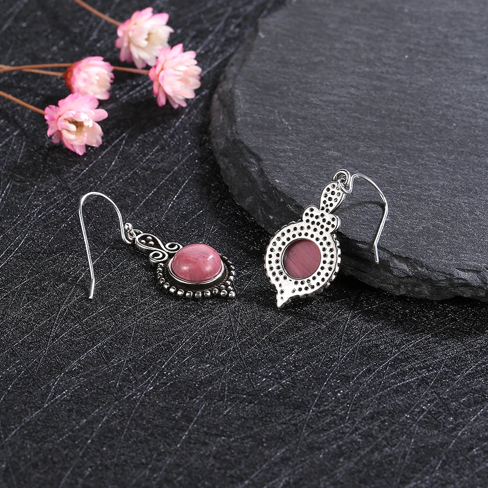 Tiger Eye Drop Earrings S925 Sterling Silver Rhodochrosite Charoite Jewelry