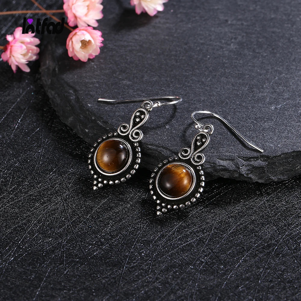 Tiger Eye Drop Earrings S925 Sterling Silver Rhodochrosite Charoite Jewelry