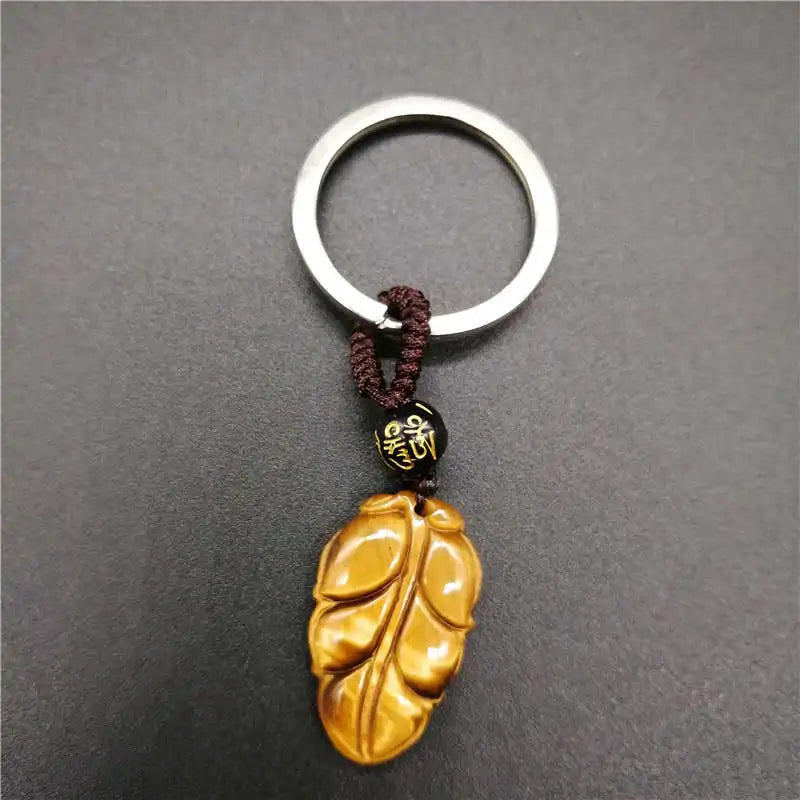 Natural Tiger Eye Carved Leaves KeyChain for Women Men Gift