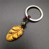 Natural Tiger Eye Carved Leaves KeyChain for Women Men Gift