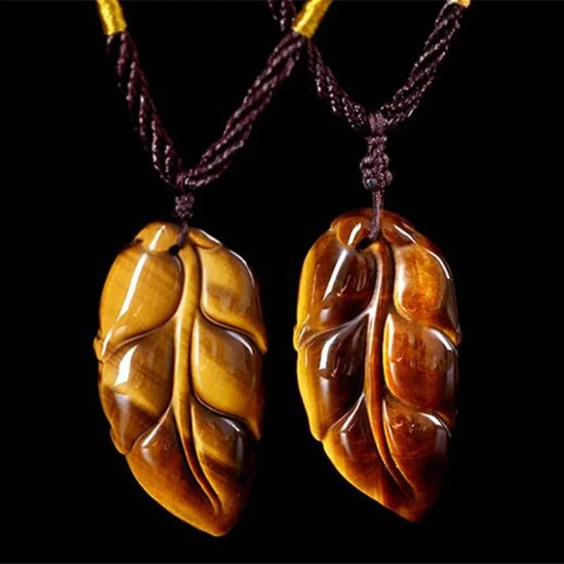 Tiger Eye Stone Jade Leaf Pendant Necklace Charm Jewelry