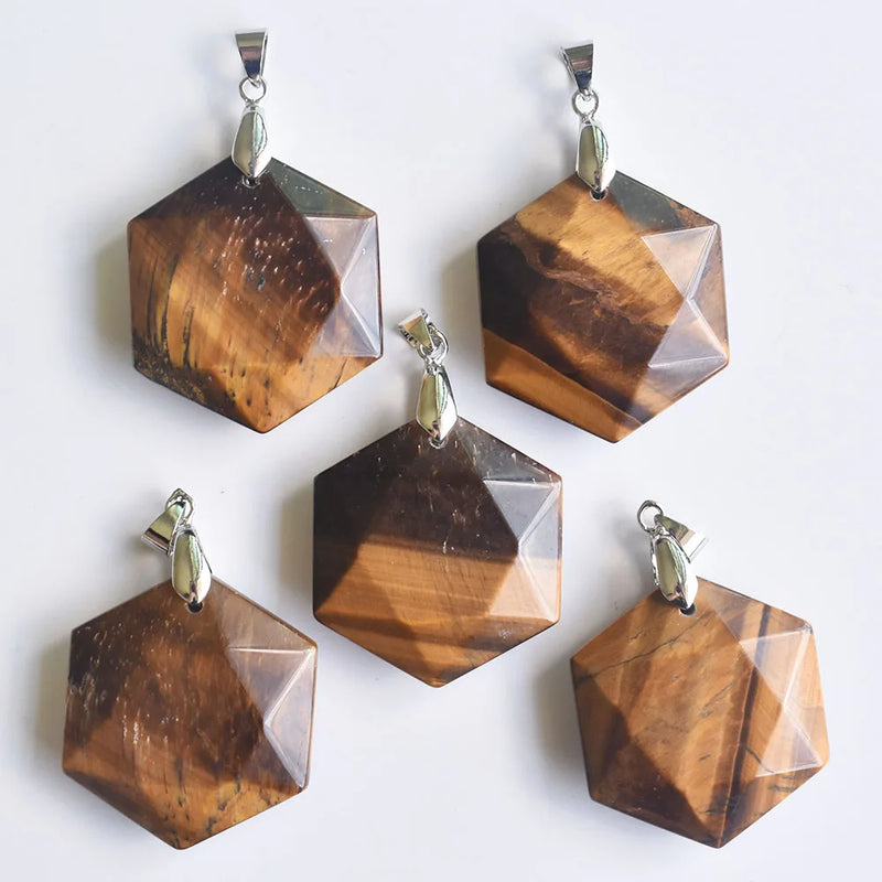 Tiger Eye Stone Necklace Pendant Polygon Shape 5pcs/lot