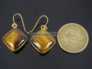 Tiger's Eye Diagonal Square Pendant Earrings Set