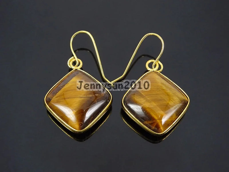 Tiger's Eye Diagonal Square Pendant Earrings Set