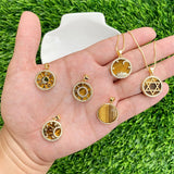 Tiger's Eye Stone Pendant Charms with CZ Brass Plated 17x19mm