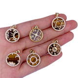 Tiger's Eye Stone Pendant Charms with CZ Brass Plated 17x19mm