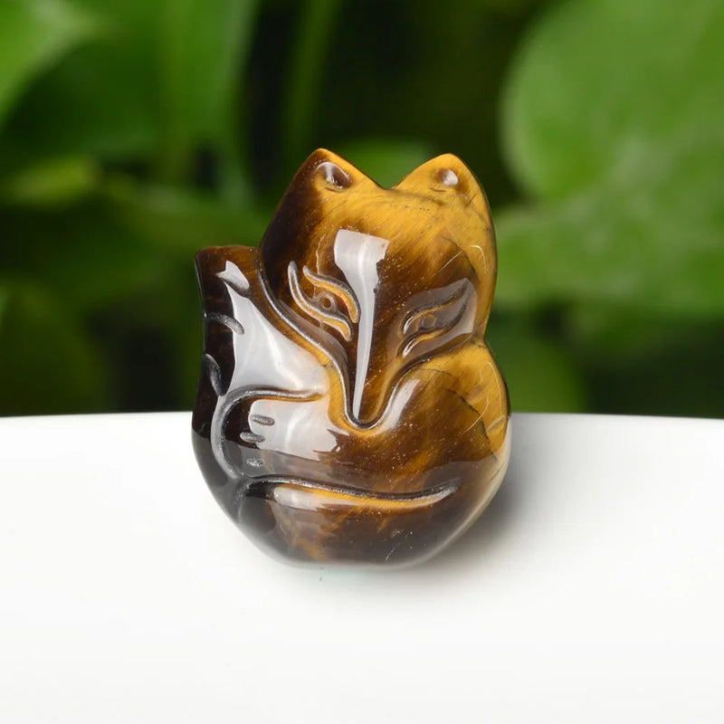 Tigereye Fox Pendant Necklace Charm Hand-Carved Luck Amulet