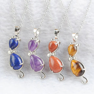 Tigers Eye Amethyst Gemstone Cat Shape Necklace for Women