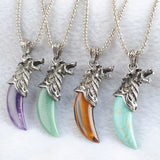 Tigers Eye Amethyst Stone Wolf Tooth Pendant Necklace Copper Amulet Luck Jewelry