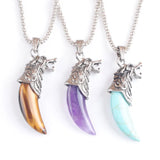 Tigers Eye Amethyst Stone Wolf Tooth Pendant Necklace Copper Amulet Luck Jewelry