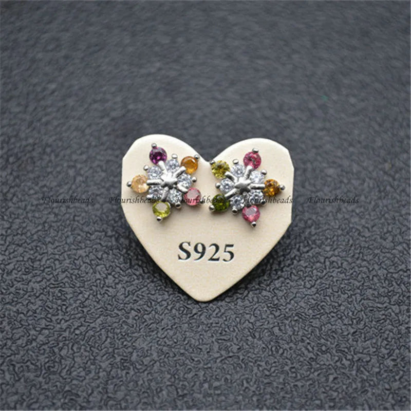Natural Tourmaline Snowflake Shape Gemstone Stud Earrings 925 Silver Girl Woman