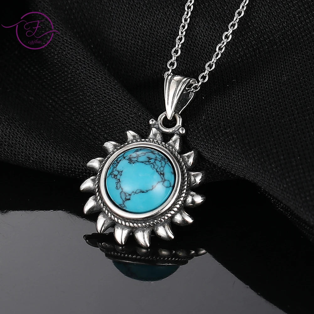 Natural Turquoise 925 Silver Pendant Necklace Vintage Sun Geometric Shape