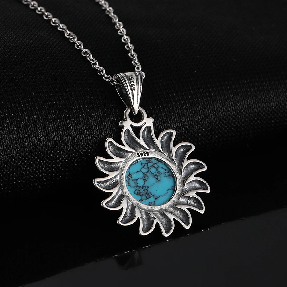 Natural Turquoise 925 Silver Pendant Necklace Vintage Sun Geometric Shape
