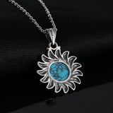 Natural Turquoise 925 Silver Pendant Necklace Vintage Sun Geometric Shape