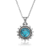 Natural Turquoise 925 Silver Pendant Necklace Vintage Sun Geometric Shape